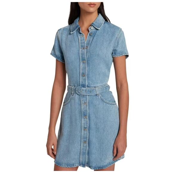 7 FOR ALL MANKIND NEW Denim Lustre Belted Mini Dress Volcano Blue Women's XS - Picture 2 of 14